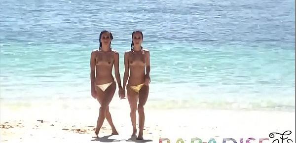  Curiously cute and petite real twin sisters stripping nekkid on the beach
